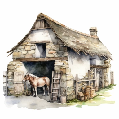 realistic watercolor drawing of a horse stable in Ireland, on a white background where the background will be removed to repurpose as a clipart.