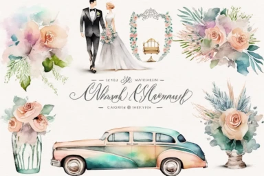 Watercolor clipart, Wedding car, limousine