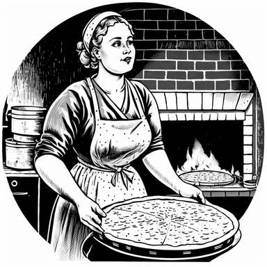 Chunky norwegian woman, baking lefse, Black and white illustration, pizza oven made of bricks, clipart, circle shaped logo