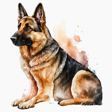 a watercolor art painting of a German Shepherd, clipart, white background