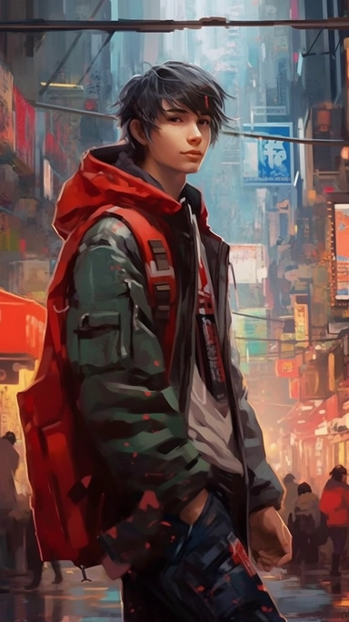 beautiful stunning pretty vintage cyberpunk anime boy, paint art style, clipart, city landscape background, superrealistic, one of a kind