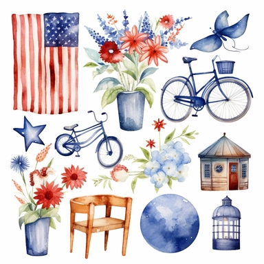 Memorial day USA, 4th of july, watercolor clipart elements, bundles
