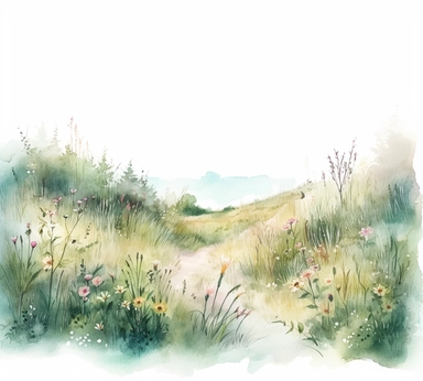 realistic burnished watercolored pencil meadow scene clipart, detailed, on white background, spaced out