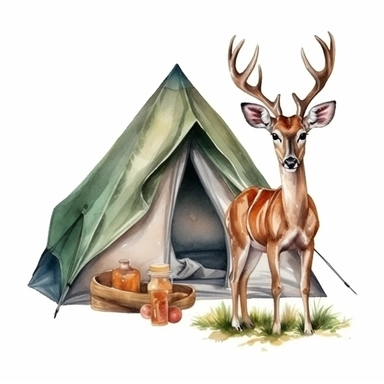 isolated illustration on a white background, a hyper realistic brown dear next to a camping tent rich green and beige warm colors , Clipart, watercolor realistic and highly detailed, natural realistic warm colors
