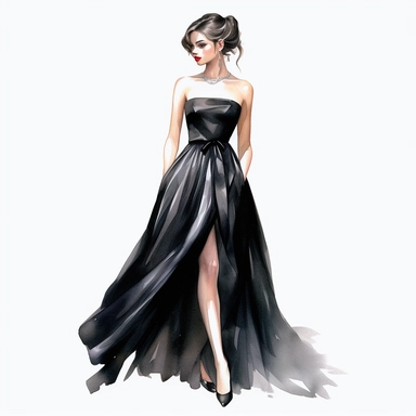 Watercolor full body girl wearing black elegant party dress drawing, illustration clipart, high detailed, white background, digital art