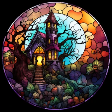 Stained Glass halloween spooky house in the shape of a circle PNG Clipart