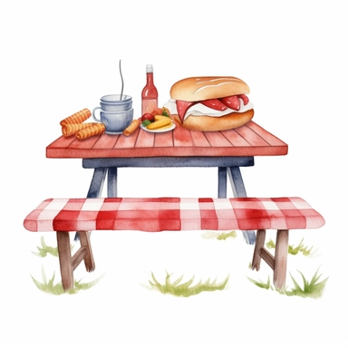 Watercolor A scene with a grill, burgers, hotdogs, and a picnic table clipart, Minimalist, isolated white background, 8k