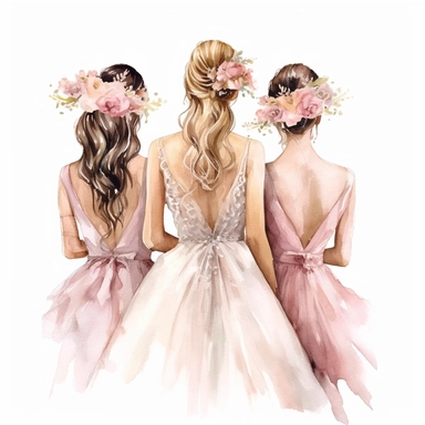 glamour dolce & gabbana half body back shot, watercolor white wedding dress bride wedding brunette hairstyle with beautiful gold headpiece clipart, + two bridesmaids in pink dress, hd, isolated on white background, spaced out ar 3:2