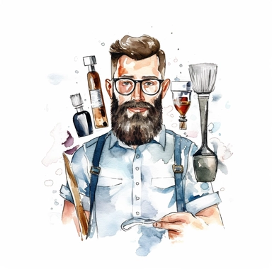 close shot of a man with beard and stylish haircut, barbar, holding sizer and barbar stuff, water color clipart, White background