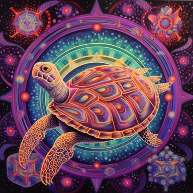 A oil painting of a turtle clipart with a surreal and fantastical design, floating in a starry sky with planets and comets. The turtle has a large body, a long neck, four wings, and a spiral tail. Its shell is covered with intricate patterns and symbols in glowing colors. The background is a dark purple sky, creating a contrast with the turtle’s luminous appearance. The painting has a magical and mysterious style, with an imaginative use of elements and colors. The perspective is from below, cre