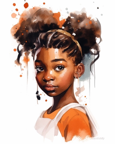 a little melanin girl portrait in watercolor Disney style clipart on white background, hugh eyes, sarah kay, holly hobbies, valentines day