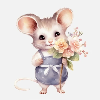 a standing baby mouse with cute big eyes, beatrix potter style, holding a flower, happy smiling face, cute animal, adorable, playful atitude, adorable watercolor animal clipart with a few plant and flowers decor, no background, high quality