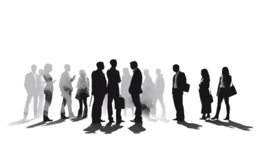 50% grey silhouttes of people mingling about aimlessly, moving off into the background toward the distant horizon, on a white background, clip art style, illustration style,