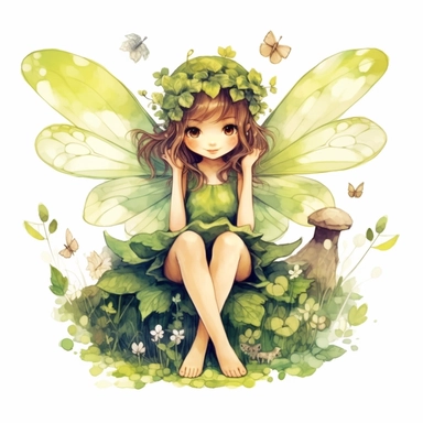 cute adorable forest fairy, green forest fairy, fairy with wings, fairy loves four leaf clovers, fairy is happy smiling, fairy is sitting in a flower garden,watercolour illustration, soft light, fairy forest, clipart
