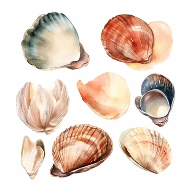 watercolour illustration style of different steamer clam shells isolated on white background for clipart, 8k