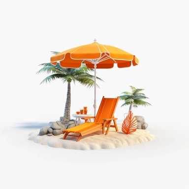 3d island paradise beach clipart in animation style, beach chair, sunshade, summer vacation, in solid white background, bright color, high resolution, 8K,