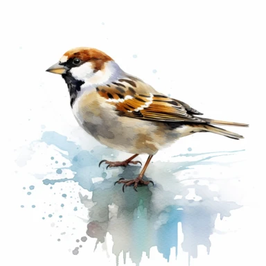 House sparrow. use a combination of vibrant colors and subtle variations in color to capture the freshness and vitality of the scene. Let the transparent and flowing nature of watercolors add a sense of lightness and movement to the painting, clipart, plain isolated white background, 8k ultra detail high sharpness