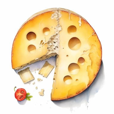 watercolor ultra realistic and hyper detailed illustration of a Cheese wheel with a slice missing, showing the interior, clipart, white background
