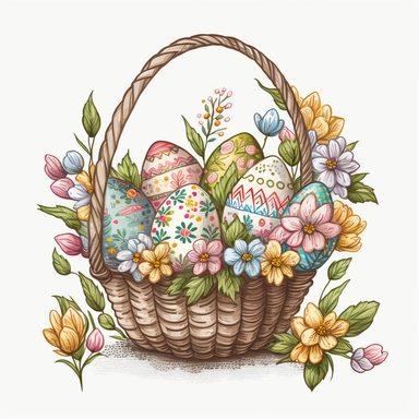 funny drawn sketch easter eggs with romanian traditional pattern in a a basket with flowers on white background, artistic painting, easter spring scene, add some spring leaves, add some flowers, add some rabbits and butterflies, pink sgades, watercolor, clipart, 2d, sketch style, no text