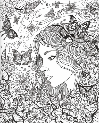 The coloring page features a girl surrounded by an array of psychedelic swirls and patterns, created using simple line art techniques. The girl is surrounded by a swarm of butterflies, adding an ethereal and dreamlike quality to the image. The design is filled with a variety of watercolor-related terminology, such as wash, blend, and color bleed, which give the image a sense of fluidity and movement. The colors used are bright and bold, with a range of pinks, purples, oranges, and yellows, that 