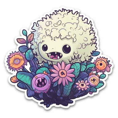 Sticker, Thick border. Creepy and weird animal flower doodle by japanese artist michael tani, in the style of 2d game art, realistic yet stylized, cute and dreamy, skeletal, concept art, spiky mounds, environmental portraiture. clipart, solid white background