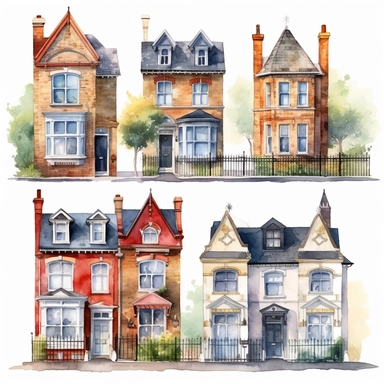 watercolor semi detached london houses , illustrations clipart set, simple, , cartoon elements ,different variants , separate elements with a margin