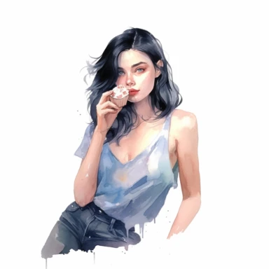 isolated stunning black haired model licks ice cream in a wafer, detailed watercolor clipart, white background