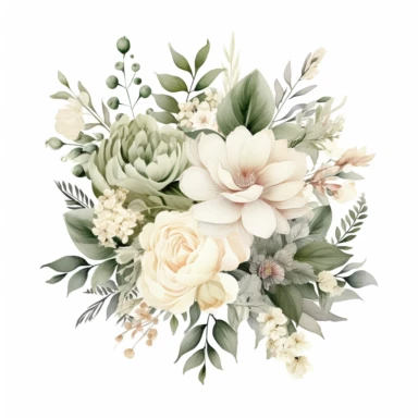 Illustrate a third distinct watercolor clipart of a floral decoration for a baby boy's nursery in cream colors with soft green-khaki tones on a white background. The composition should combine various flower species and leaf types, intricately detailed and harmoniously arranged
