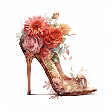 ginewatercolor, hyper realistic, white background, white margins, 16k, ultra detailed clipart, cut out image, hand-drawn, whimsical manhwa style, ultra HD, sharp and clean art a vintage pair of high heels adorned with delicate floral , capturing the romantic and feminine aesthetics often associated with vintage fashion and travel. earthy brown pastel and light pink