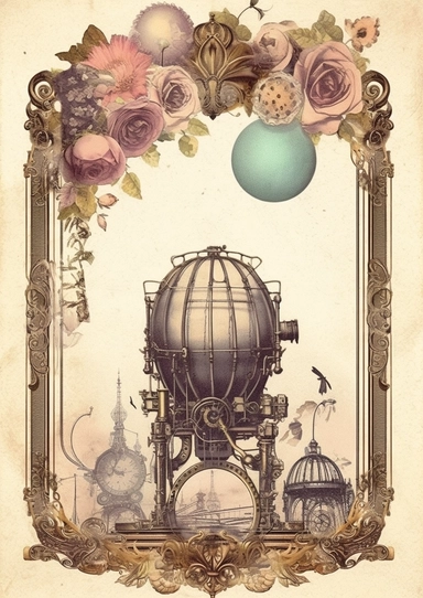 Blank ephemera paper page with ornate border illustrations vintage steampunk era elements, airbaloons, trains, gears and engines pencil sketch, greeting card design, old botanical books style drawing, vintage, distressed textures, muted colors, craft paper texture, handwriting lines in background, pen and ink on paper with watercolor washes Watercolor, vector, white background, rice paper texture, clipart, flat illustration, outlined, Vector, 4K, Art station, digital print, highly detailed clean