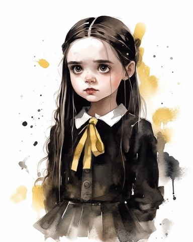 Wednesday Adams fan art, cute, logo style, clipart isolated on a white background, Digital watercolor