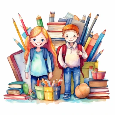 A clipart image showcasing watercolor illustrations of school kids with a variety of school supplies like notebooks, rulers, and crayons on a white background, emphasizing their readiness for school.