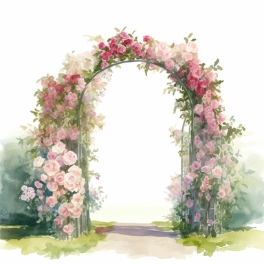 flower arch in rose garden, watercolor, dreamy tone, different colors, hyperrealism, high detail, hyper quality, separate element, clipart, white background, 8k, high resolution
