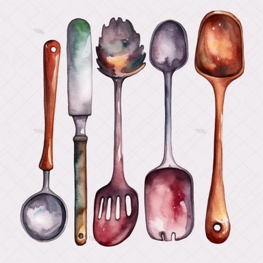 watercolor Kitchen utensils, cutlery, spatula, batter, spoon, pan vividly bold designs png realistic cartoon in 32K UHD cute. 15 cm thick outline. There was no shadow on the ground. 8k with realistic watercolors. and detailed illustrations. PNG clipart , transparent white background
