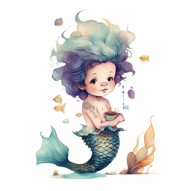 a baby invitation with a happy little boy mermaid wearing a crown made of shells and coral has very long black hair and he is playing, use the colours gold and purple for his tail: botanical watercolor set illustration of little boy mermaid: multiple poses and expressions, Collection of watercolor children's book illustration [little boy mermaid], each [little boy mermaid] tail is a different [color], each [little boy mermaid] is a different [direction], each [little boy mermaid] is a different 