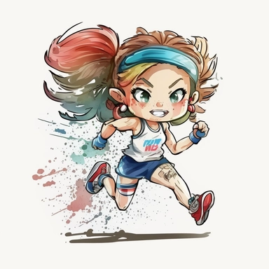 a watercolor painting of chibi Triathlete girl running, wearing a triathlon gear, with athletic outfits, full body, smiling, Sport graphics, action clipart, 8k, watercolor, light colors, isolated on white background, 3d
