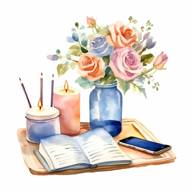 watercolor planner cute rustic desk colorful roses, candle,cell phone,calendar clipart on white background