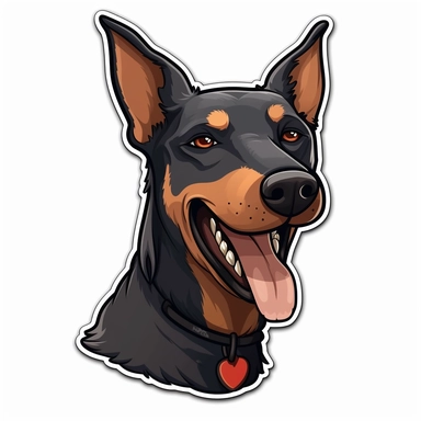 cute Doberman Pinscher, happy and smiling, bold line, clipart, sticker, white background, no shadow, 8k detail