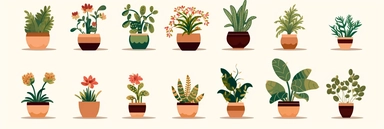 An image in a playful clipart style showcasing a variety of indoor plants in assorted pots. These plants vary in species from towering monstera plants to small, cute succulents, each portrayed with simplistic, yet appealing detail, typical of the clipart style. The pots themselves are an array of colors and designs, adding a dash of vibrancy to the scene. They are scattered across the scene, filling the 3:1 image aspect, each plant adding to the energetic and lively mood of the setting. This ima