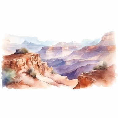 vast panoramic view, full view, illustration clipart, soft watercolor, beautiful grand canyon landscape with trail, sharp focus, high detail, romantic, fantasy, ethereal, transparent background