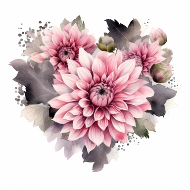 a heart shape made with pink and pastel pink Dahlia flowers, wet on dry watercolour style, dark gothic antique look, clipart, white background