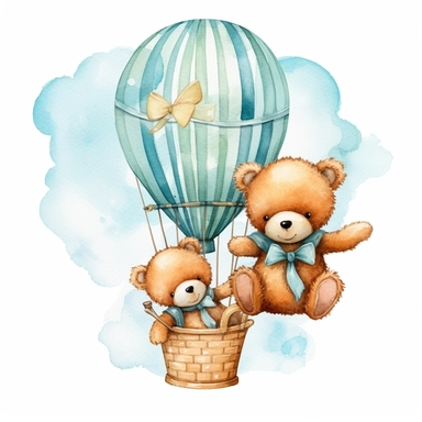 baby boy twins watercolor teddy bear in hot air balloons cute png clipart