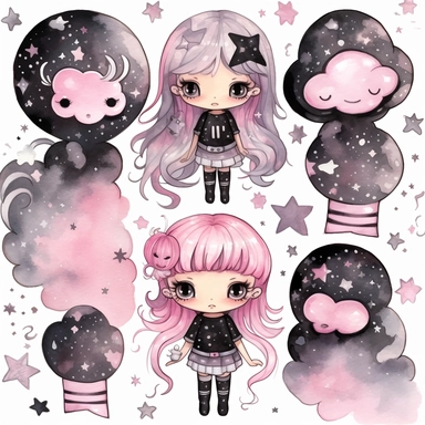 watercolor funny create kawaii marbled black ,silver, pink chibi school spirit clipart, isolated on white background,space out--ar3:2--s1000