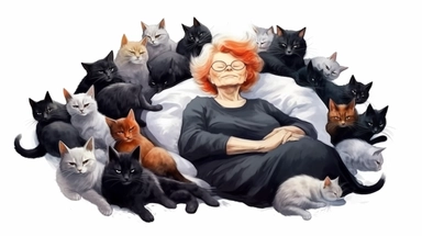 illustration clipart of elder woman ,redhaired,laying in her bed relaxing, black Cats lying next to her, hyperrealistic, white background