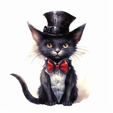 picturesque watercolor and ink style, black cat-bat hybrid with bat wings, bow tie and top hat, clipart on plain white background, Halloween vibes, super scary cute in high detail ultra precision 16k HD, clean crisp brushwork, painted by Beatrix Potter
