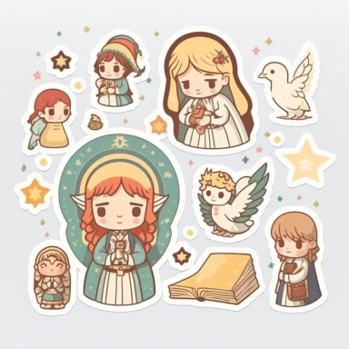vector sticker design, anime style Christmas nativity clipart, white background, flat colors
