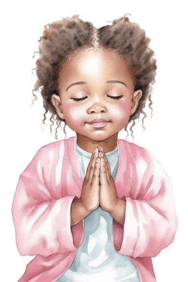 Watercolor happy cute beautiful brown skin african American baby girl praying wearing pink pajamas, clipart, isolated, white background, spaced out--q 2