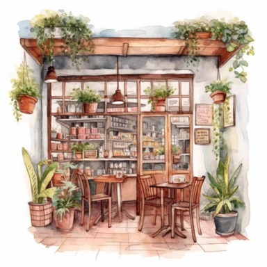 Italian vintage shop clipart, cozy, Watercolor, detailed, interior design, Italian cafe interior clipart, Italian cafe illustration, white background, no caption, no text