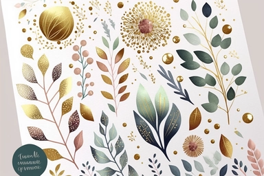 beautiful doodle foliage clipart elements, metallic spring hues with golden accents, handpainted, watercolor texture, shiny sparkly gold glitter, soft brush strokes, clipart on white background with free margins, sharp focus
