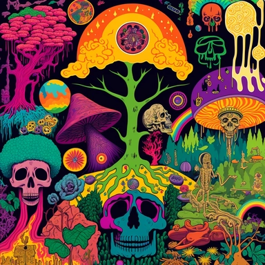 a full screen of poster board saturated and filled up with different psychedelic related elements, including such objects as big and small mushrooms, ferns, large trees, skulls, many little happy-skulls, moons, stars, rocket ships, random strange things, large tentacles, flying saucers with light beams, flowers from other planets, in a jungle scene with many psychedelic colors and other random fun clipart objects in an adventure time environment, green aliens, monkeys, smileyfaces, stars, big sh